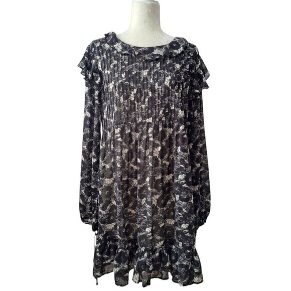 Free People Women's These Dreams Long Sleeve Black Floral Ruffled Neck Sz Med - Picture 6 of 9